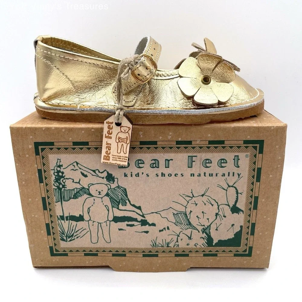 Bear Feet Kids Flower Mary Jane Gold Metallic Leather Shoes Size 10 DSWB USA
